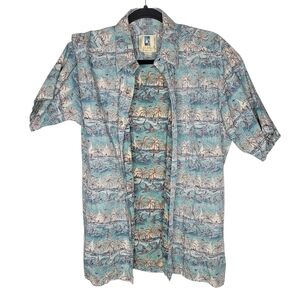 Vintage Kahala Hawaiian Island Shirt Mens Large Cotton Fish Palm Tree Boat Green